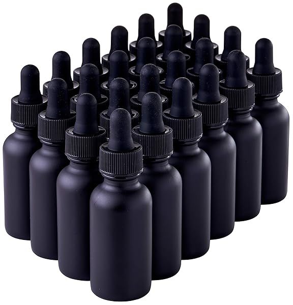 24 Pack Black Coated Boston Round Essential Oil Bottles with Dropper Caps - 1oz Aromatherapy Glass Jars