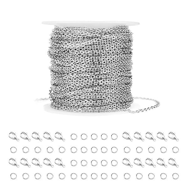 36ft Silver Stainless Steel Chain with 20 Lobster Clasps & 30 Jump Rings for DIY Jewelry Making - 2.0mm Link Cable