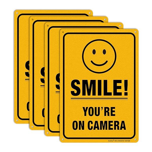 4 Pack Smile You're on Camera Signs - 10x7 Heavy Duty Aluminum for Indoor/Outdoor CCTV Security