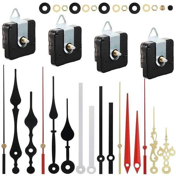 4-Piece Quartz DIY Wall Clock Kit: Battery Operated Mechanism & 6 Hand Sets in Red, White, Black, Gold - Perfect for Custom Clocks!