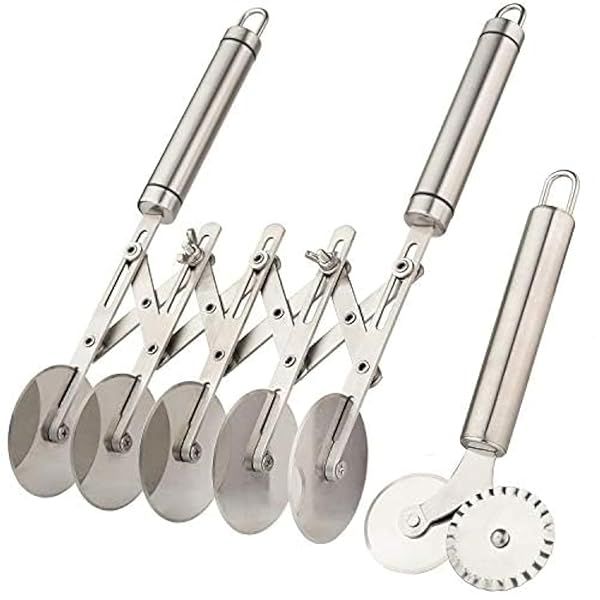 Set of 2 Adjustable Stainless Steel 5-Wheel Pastry Cutters with Handle - Perfect for Pizza & Dough Slicing