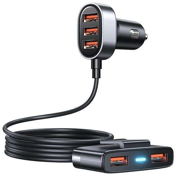 5-in-1 Car USB Charger Adapter: Multi-Port 12V Cigarette Lighter Charger with 5FT Extension for Back Seat Devices