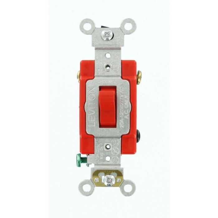 Leviton 1224-2R 20 Amp 4-Way AC Quiet Switch - Heavy Duty, Self-Grounding, Red | 120/277 Volt Toggle Switch