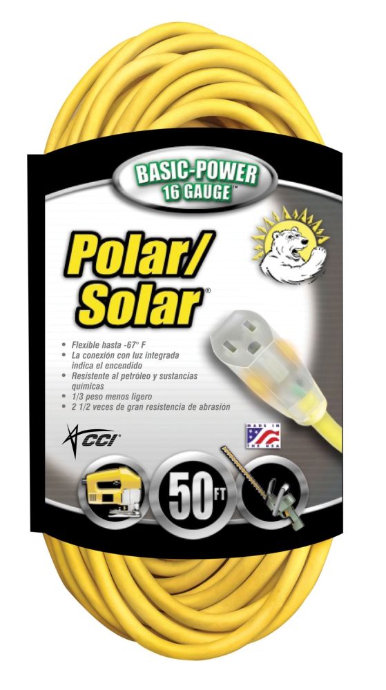 Southwire 50ft 16/3 SJEOOW Polar/Solar Extension Cord - Durable Yellow Power Cable