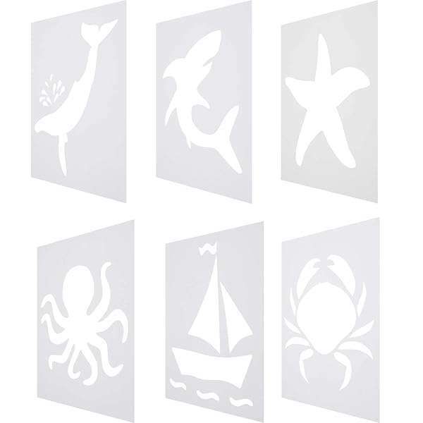 6-Piece Ocean Theme Chalk Stencil Set for Kids: Shark, Starfish, Sailboat & More!