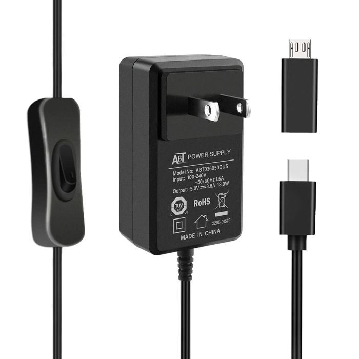 GeeekPi 18W Power Supply for Raspberry Pi 4 & Orange Pi 5 - UL Listed with ON/OFF Switch & Micro USB Adapter