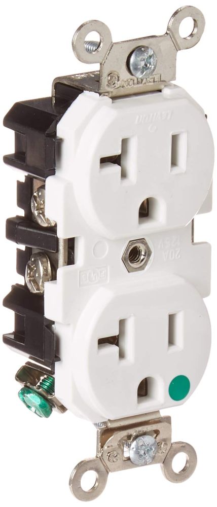 Leviton 8300-W 20A Hospital Grade Duplex Receptacle - Heavy Duty, Self-Grounding, 125V, White