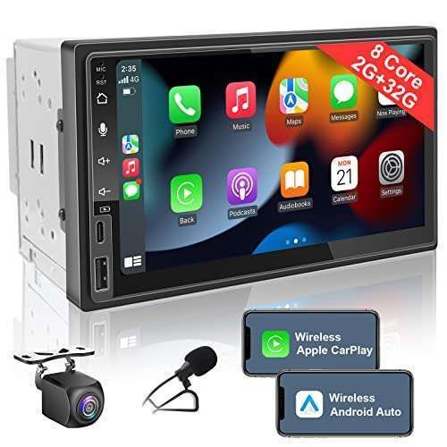 7-Inch Android Double Din Car Stereo: Wireless CarPlay, Android Auto, Dual Bluetooth, Live Rearview Camera & Fast Charge