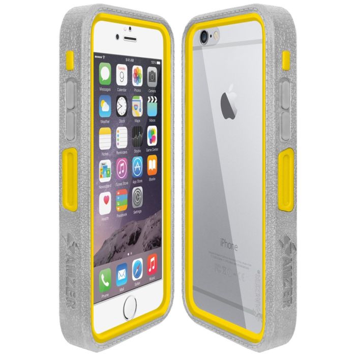 Amzer Crusta Rugged Tempered Glass Case for iPhone 6/6s - Grey & Yellow with Belt Clip Holster
