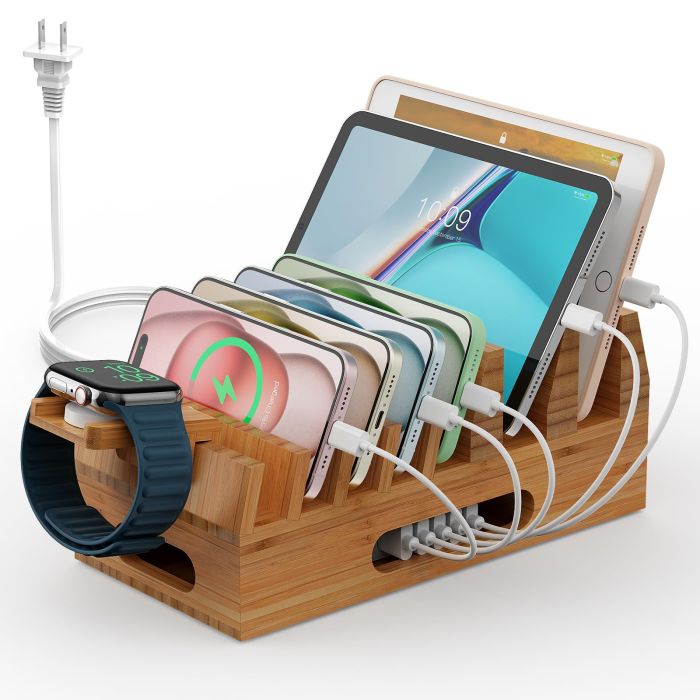 Pezin & Hulin Bamboo Charging Station: 5-Port USB Dock & Organizer for Phones, Tablets & More