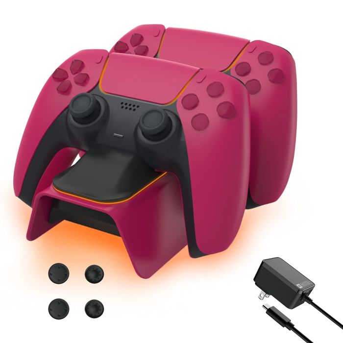 Fast Charging NexiGo PS5 Controller Charger & Thumb Grip Kit - DualSense Dock for PlayStation 5 with LED Indicator in Cosmic Red