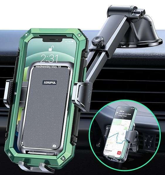 ADIUPUL 3-in-1 Car Phone Holder: Bumpy Roads Friendly Mount for iPhone & Samsung - Easy Clamp for Dashboard, Windshield & Vent