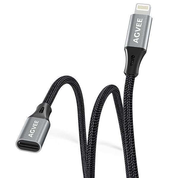 AGVEE 2 Pack 1ft Lightning Extension Cable - Braided Male to Female Adapter for iPhone & iPad, Data Sync & Charging, Dark Gray