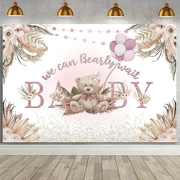 Boho Chic Baby Shower Backdrop 7x5ft - AIBIIN We Can Bearly Wait with Flowers & Balloons