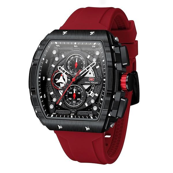 Luxury Tonneau Men's Watches: Chronograph Quartz with Luminous Dial & Red Silicone Strap - Perfect for Business & Casual Wear