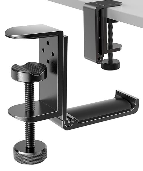 APPHOME Foldable Headphone Stand: Space-Saving Aluminum Hanger for Gaming & PC Accessories - Under Desk Clamp Hook (Black)