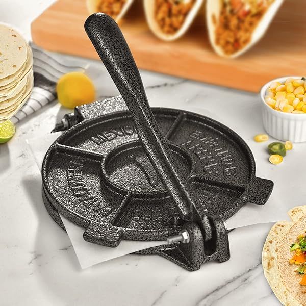 ARC 8-Inch Cast Iron Tortilla Press with 100 Pcs Parchment Paper - Heavy Duty Taco Maker & Roti Press in Black Gray