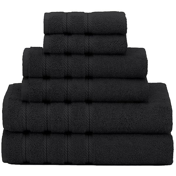 American Soft Linen 6-Piece 100% Carded Cotton Towel Set - Heavyweight 590 GSM Turkish Towels in Coal Black
