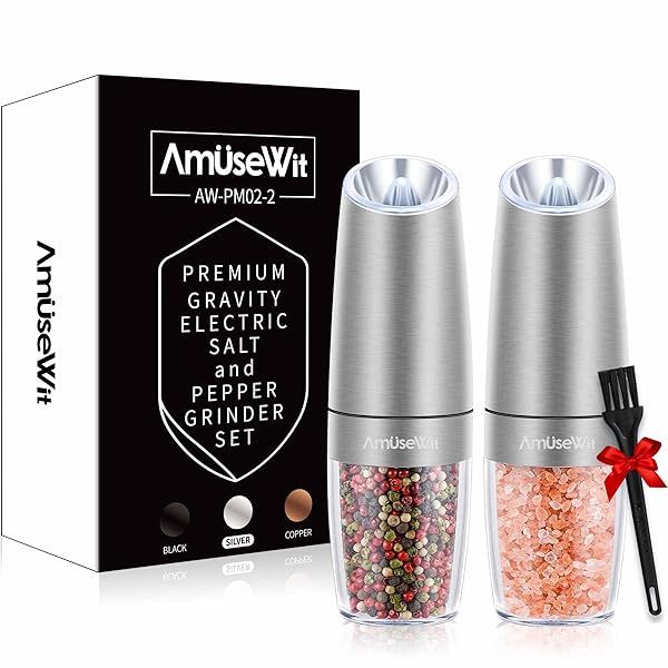 AmuseWit Gravity Electric Salt & Pepper Grinder Set - Battery Operated, Adjustable Coarseness, One-Handed Operation, Stainless Steel