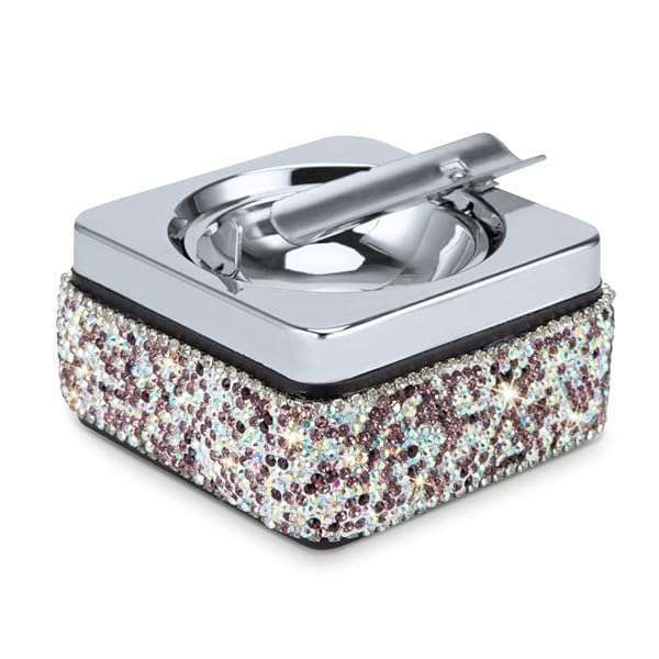 Stylish Stainless Steel Ashtray with Lid & Bling Diamonds - Perfect for Indoor/Outdoor Use, Square Mixed Purple Design