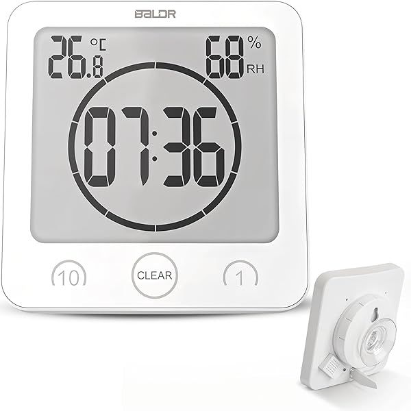 BALDR Digital Shower Clock - Water-Resistant Timer & Temperature Display for Bathroom - Battery-Powered Countdown Alarm Clock