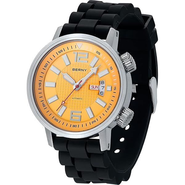 BERNY Automatic Dive Watch for Men: Waterproof, Self-Winding, Luminous Yellow Dial, Scratch-Resistant Sapphire Glass