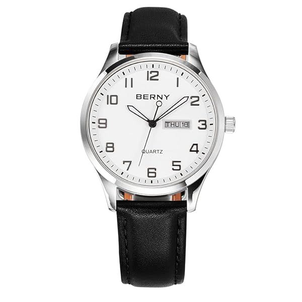 BERNY Men's Easy Reader Watch: Classic Analog Quartz with Leather Strap & Day-Date Feature - Elegant White Dial