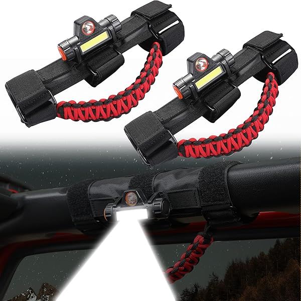BESTAOO 2PCS Roll Bar Grab Handles with Dome Light for Jeep Wrangler (1945-2021) - Paracord Grip for 2.0-4.0 Inch Rods