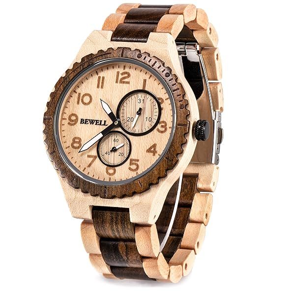 BEWELL Men's Wooden Quartz Watch - Luminous Analog Date Display in Maple & Black Sandalwood