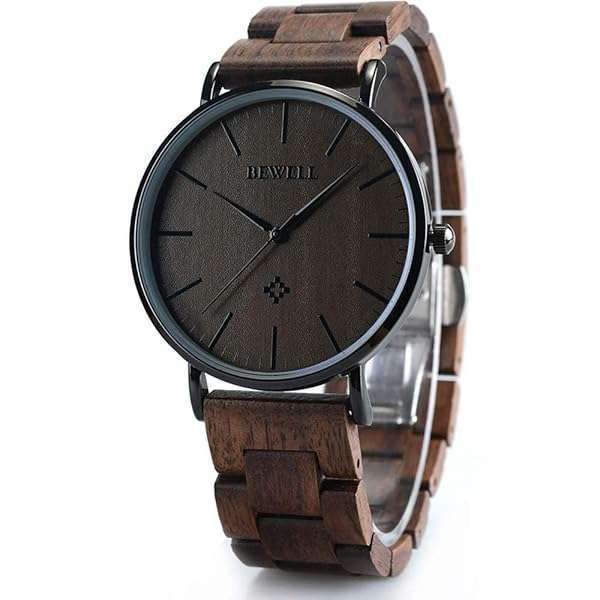 BEWELL Slim Wooden Watches for Men & Women - Minimalist Analog Quartz Couple Wrist Watch W163A (Black)