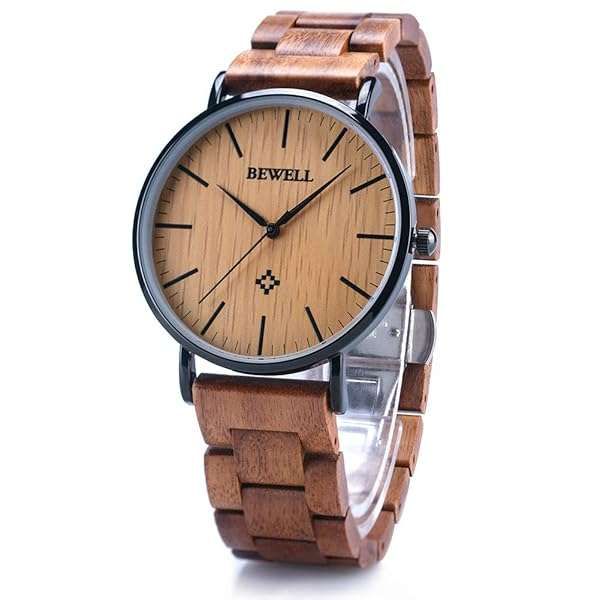 BEWELL Slim Wooden Watches for Men & Women - Minimalist Analog Quartz Couple Wrist Watch W163A (Brown)