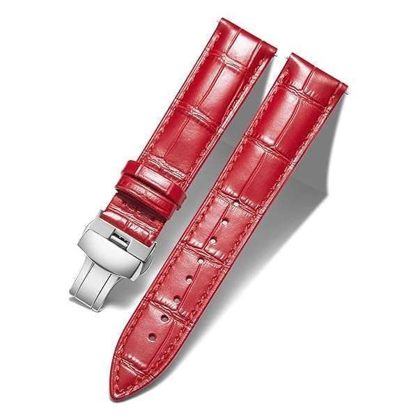 BINLUN 22mm Leather Watch Strap with Quick Release & Silver Buckle - Stylish Band for Men & Women in Red