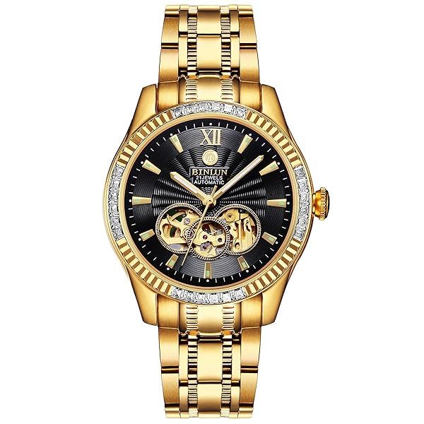 BINLUN Men's 18K Gold Plated Diamond Mechanical Watch - Waterproof Skeleton Design