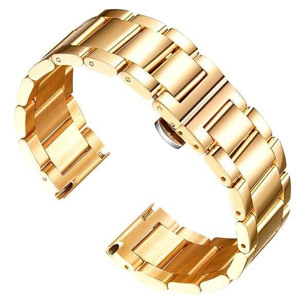 BINLUN Thick Stainless Steel Watch Band - Polished Gold Replacement Strap for Men & Women (18mm, 16-26mm Options)