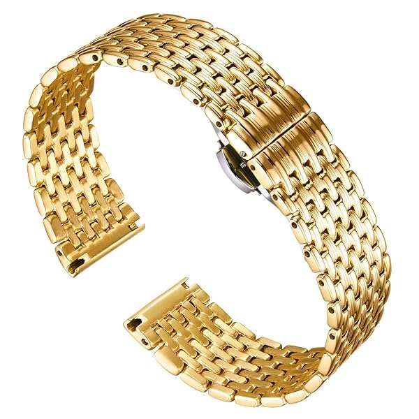 BINLUN Ultra Thin Mesh Stainless Steel Watch Band - 22mm Gold Replacement Strap for Men & Women with Butterfly Buckle