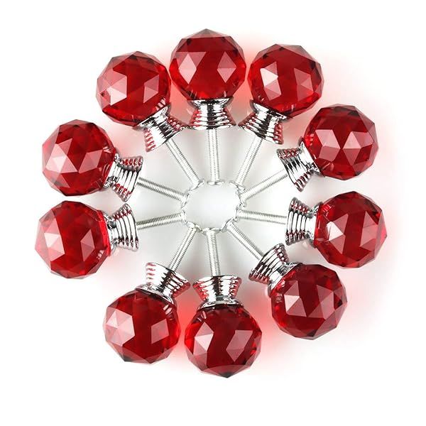 BNYZWOT 30mm Round Crystal Glass Cabinet Knobs - 10pcs Red Drawer Pulls with Screws
