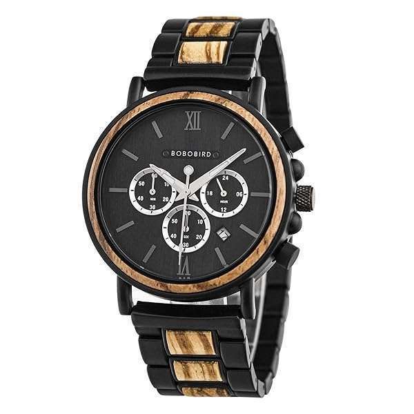 BOBO BIRD 2021 Men's Stylish Wood Watch - Analog Quartz Casual Wrist Watch with Gift Box (Black)