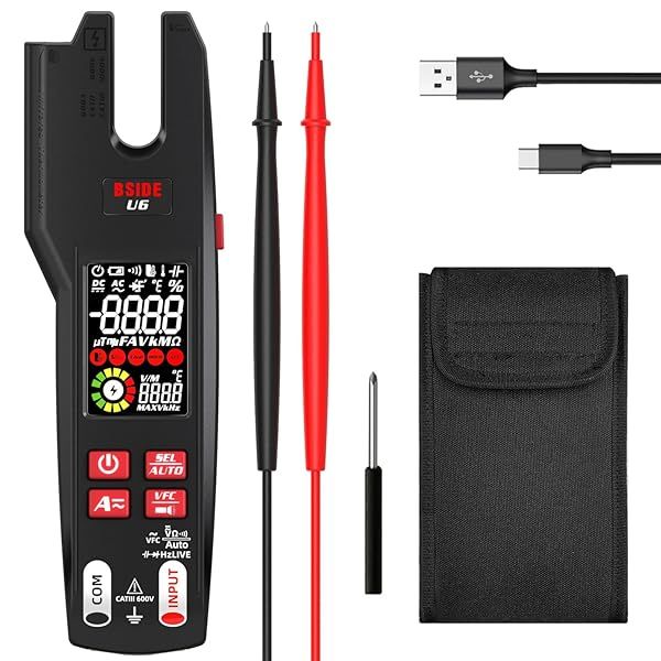 BSIDE DC AC Clamp Meter & Infrared Thermometer: 9999 Counts Multimeter with Smart Mode & Rechargeable Battery