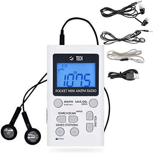BTECH MPR-AF1 AM FM Personal Radio with Two Types of Stereo Headphones, Clock, Great Reception and Long Battery Life, Mini Pocket Walkman Radio with Headphones (White)