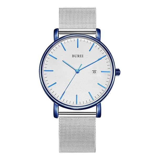 Shop BUREI Men's Minimalist Wrist Watch - Stylish Analog Date with Stainless Steel Mesh Band (White Blue Face)