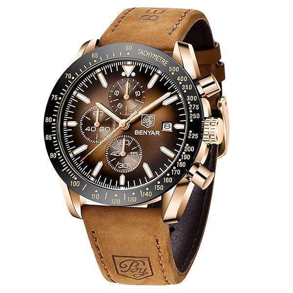 BY BENYAR Men's Chronograph Watch: Stylish Waterproof Analog Quartz with Luminous Features & Brown Leather Band - Perfect Gift!