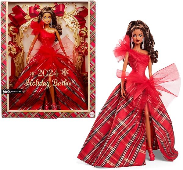 Barbie Signature 2024 Holiday Doll: Light Brown Hair & Plaid Gown - Collectible Toy in Display Packaging