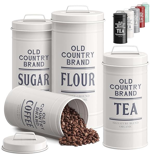 Barnyard Designs Farmhouse Canister Sets for Kitchen Counter - Metal Containers for Coffee, Tea, Sugar & Flour (White)
