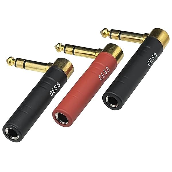 CNCESS CESS-237 1/4-inch TRS Stereo Right-Angle Adapter 3-Pack - Gold-Plated, Heat Shrink Protection, Red & Black