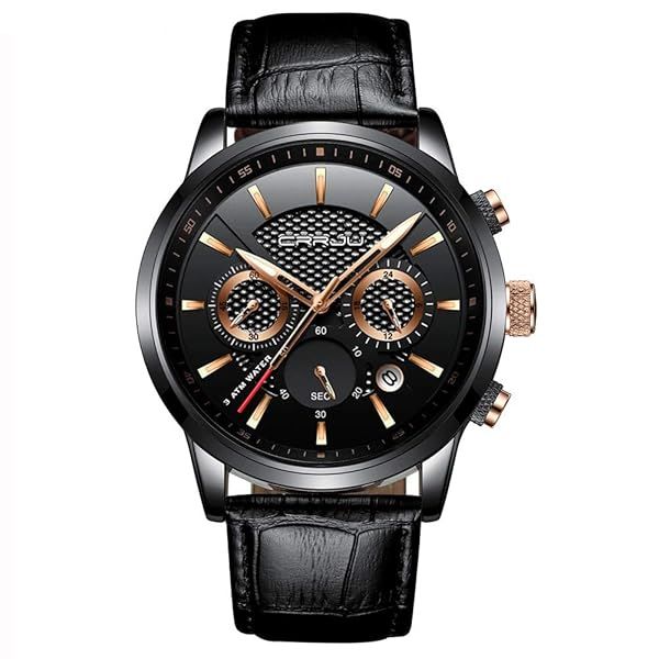 CRRJU Men's Black Leather Chronograph Watch - Waterproof, Auto Date, Stylish Casual & Business Quartz Timepiece