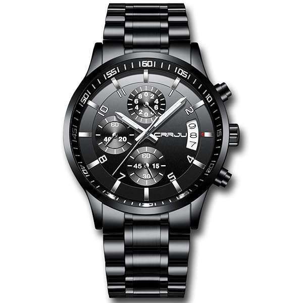 CRRJU Men's Black Chronograph Watch: Luxury Waterproof Quartz Wristwatch with Stainless Steel Band