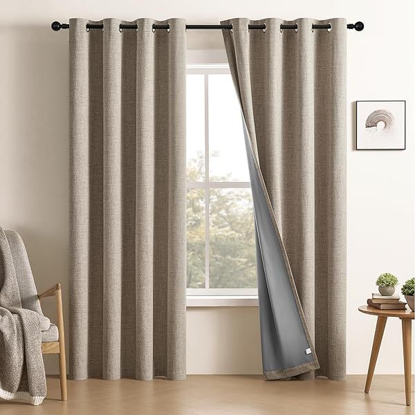CUCRAF Full Blackout Curtains - Energy Efficient 100% Sun Blocking Thermal Drapes for Bedroom & Living Room (Light Khaki, 52x63)