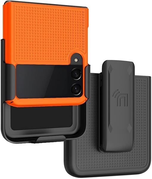 Galaxy Z Flip 3 5G Case with Clip - Slim Hard Shell & Rotating Belt Holster Combo in Bright Orange