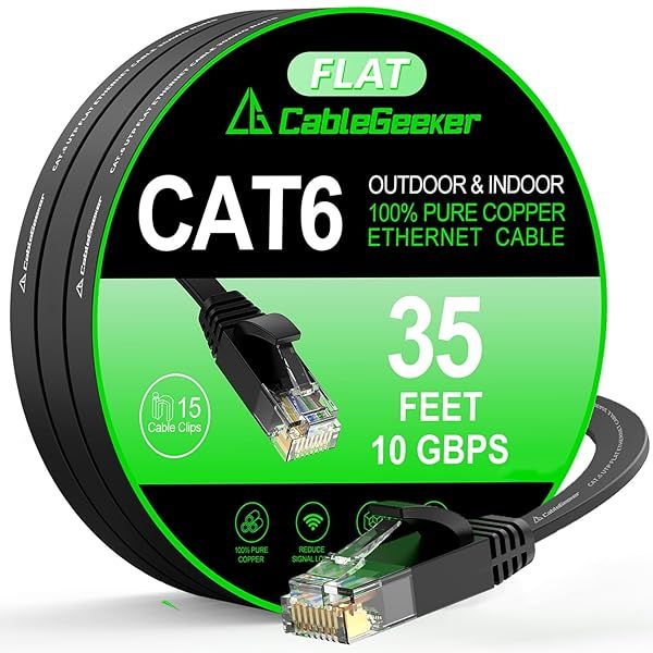 High-Speed Cat 6 Ethernet Cable 35ft - Flat 10Gbps Indoor/Outdoor LAN Cable for Router, PS4/5 with Free Clips & Straps