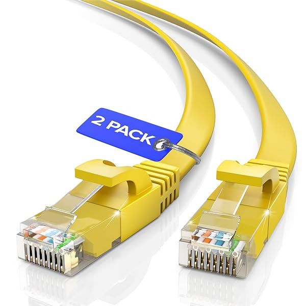 Cat 6 Ethernet Cable 100ft - Flat Design, High-Speed LAN Cable for Gaming & Streaming - 2 Pack, Yellow RJ45 Connectors